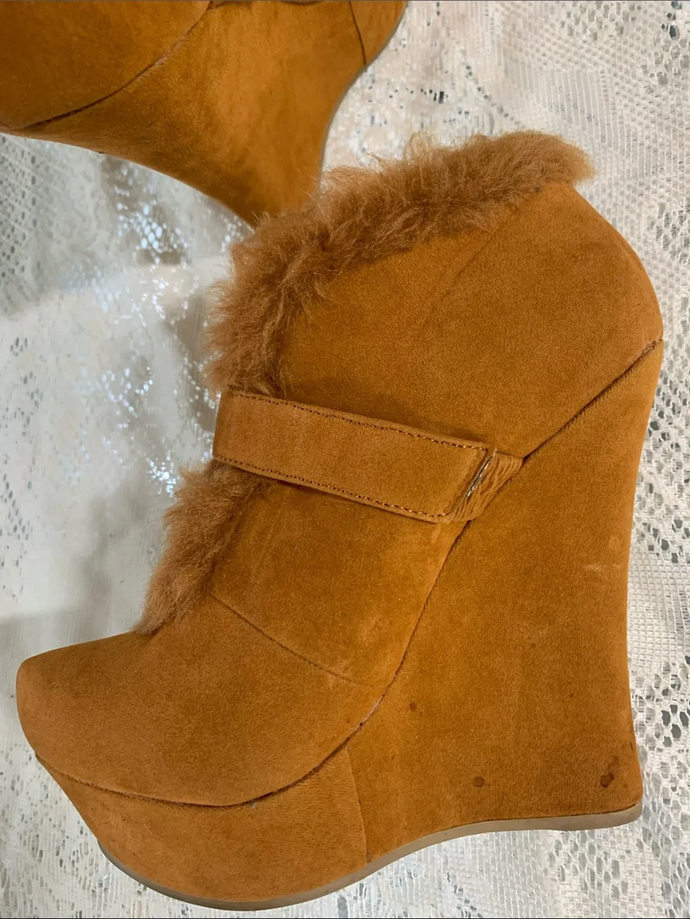 Faux Fur Trim Wedge Booties in Cognac Tan with Buckle Detail